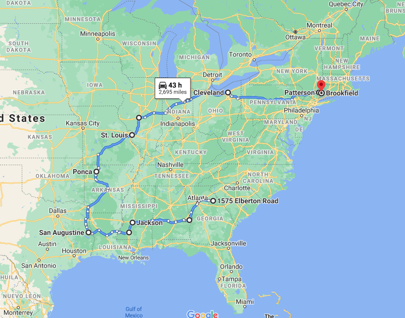 google maps image of road trip from Georgia to New York, passing through the midwest