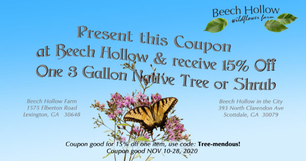 Present this coupon at Beech Hollow and recieve 15% off one 3 gallon native tree or shrub. Coupon good for 15% off one item, use code: Tree-mendous! Coupon good Nov 10-28, 2020
