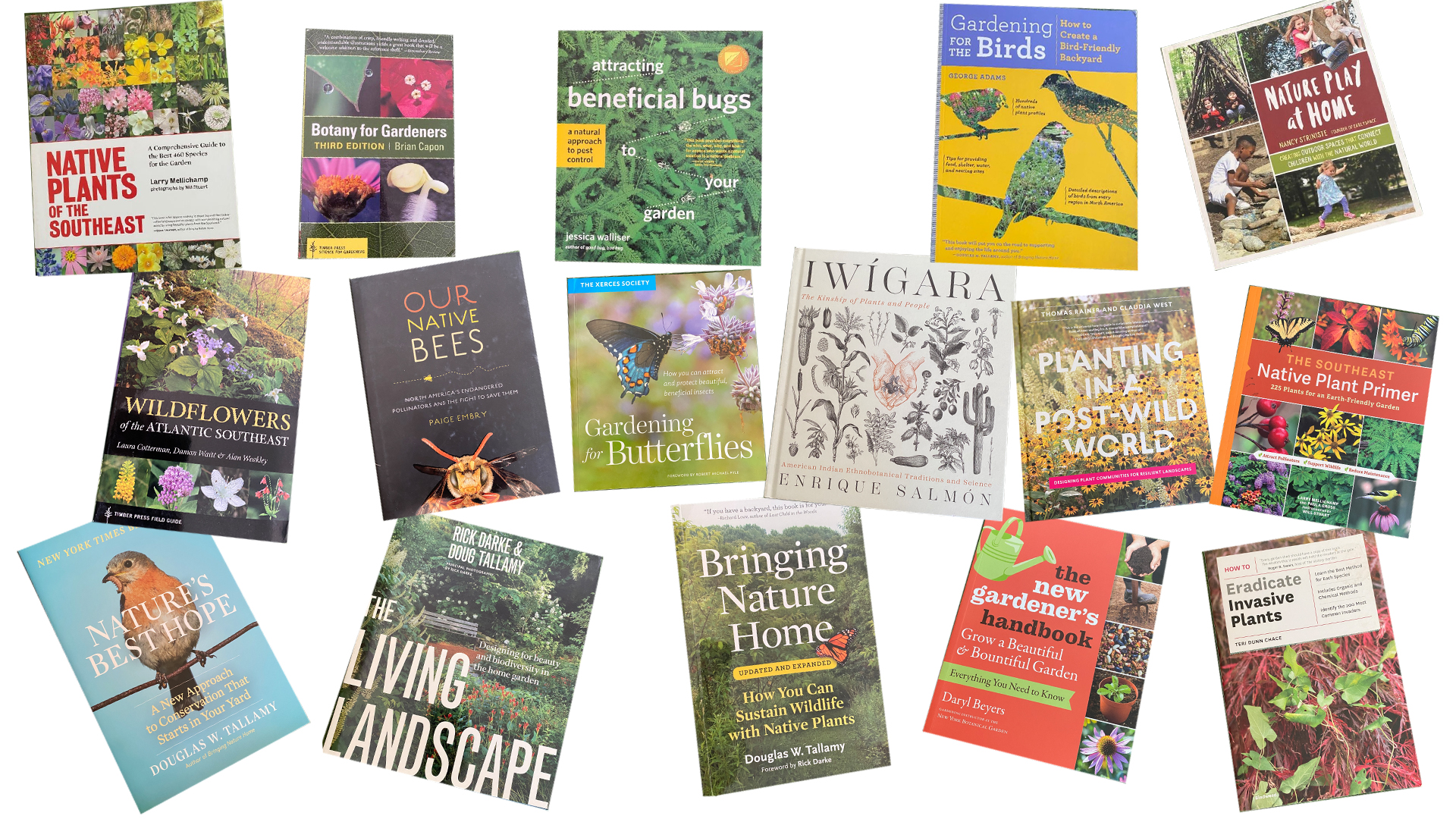 collage of many books covers about native plants, insects, and nature