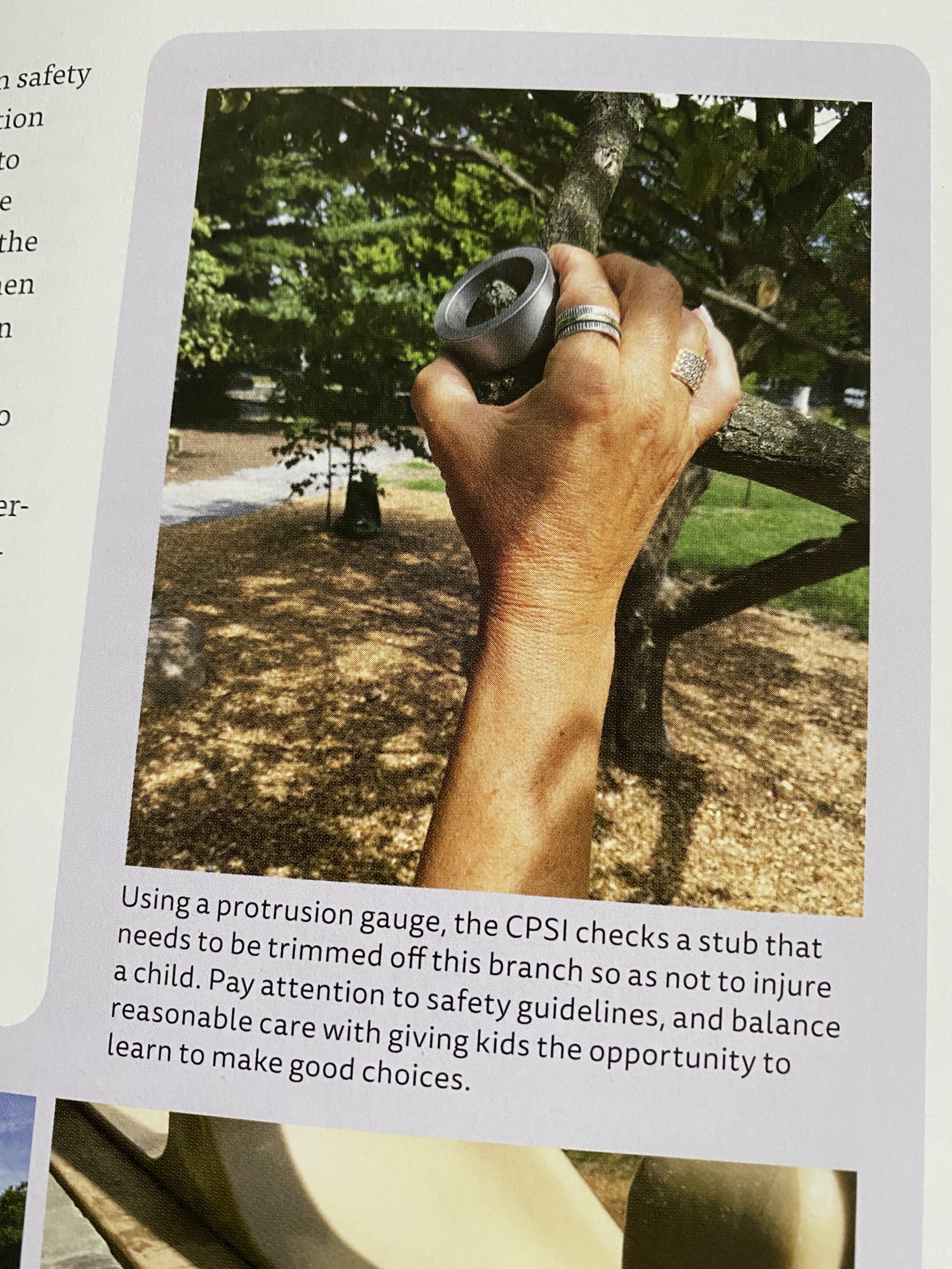 using a protrusion gauge, the CPSI checks a stub that needs to be trimmed off this branch so as not to injure a child. Pay attention to safety guidelines, and balance reasonable care with giving kids the opportunity to learn to make good choices