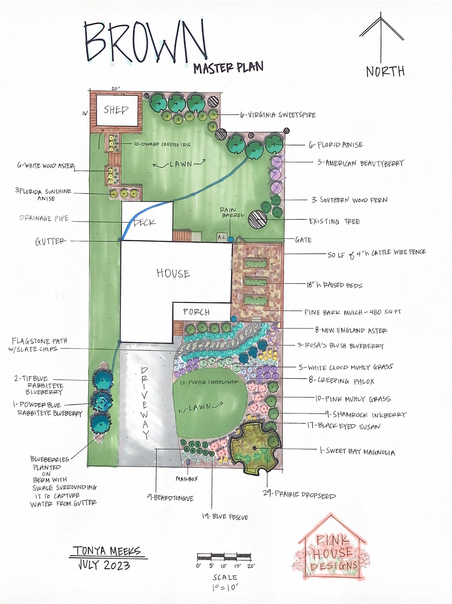color drawing of a garden plan showing plants and buildings