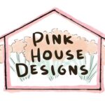 Line drawing of house with pink flowers, text says PINK HOUSE DESIGNS