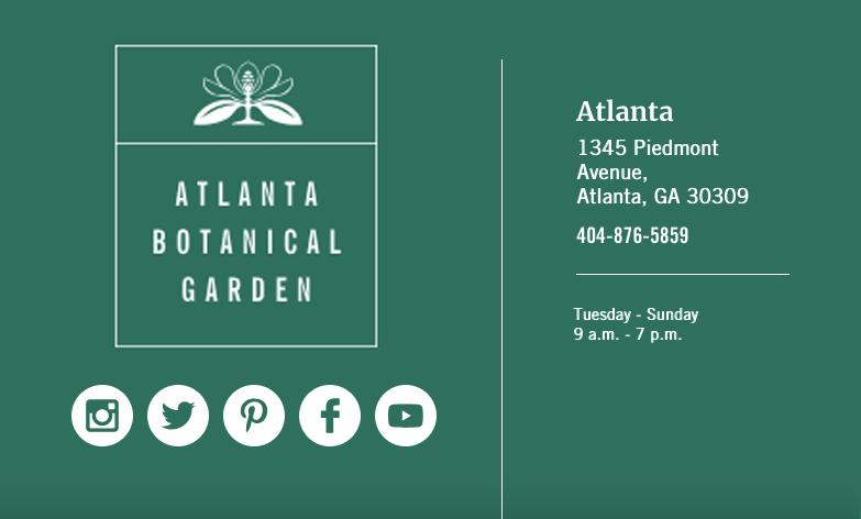 White letters on a green background with Atlanta Botanical Garden logo.